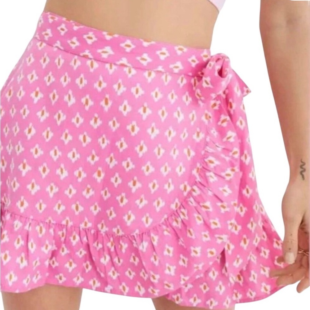 aerie Pink floral Mini Wrap linen Skirt with Ruffle trim made in India medium